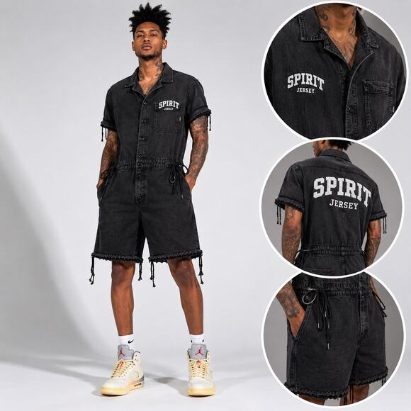Spirit Jersey Other - Spirit Jersey Mens Black Utility Denim Romper Distressed Streetwear Size M